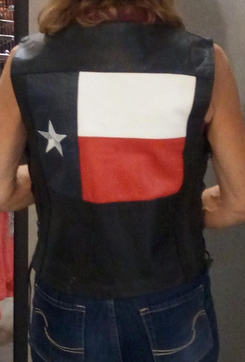 Women's Leather Vest with Texas Flag Patch on Back TS7SL